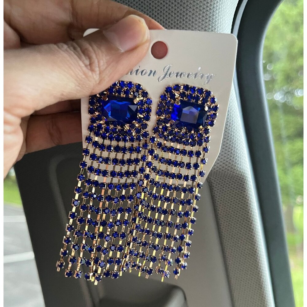 royal blue earrings , long fringe blue crystal long chandelier gold earrings